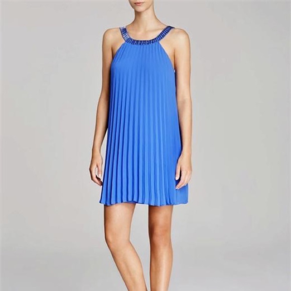 Laundry by Shelli dazzling blue beaded neck pleated chiffon dress.